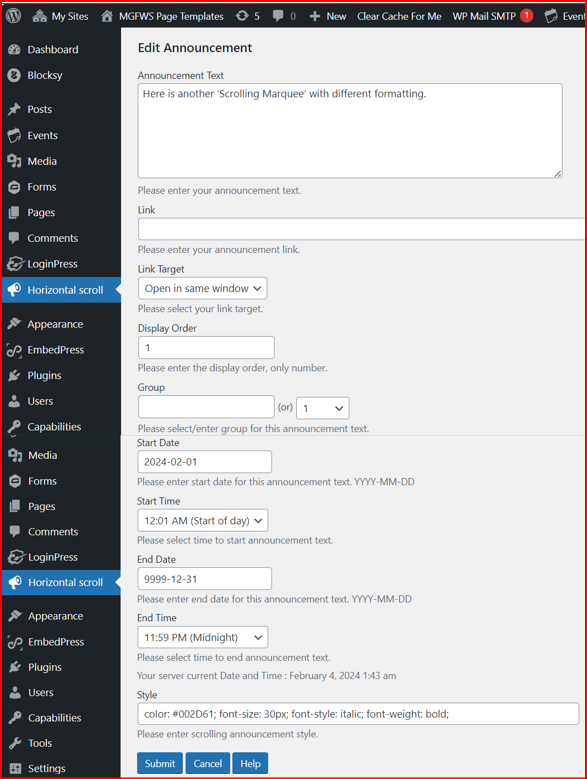 Horizontal scrolling announcement settings screen