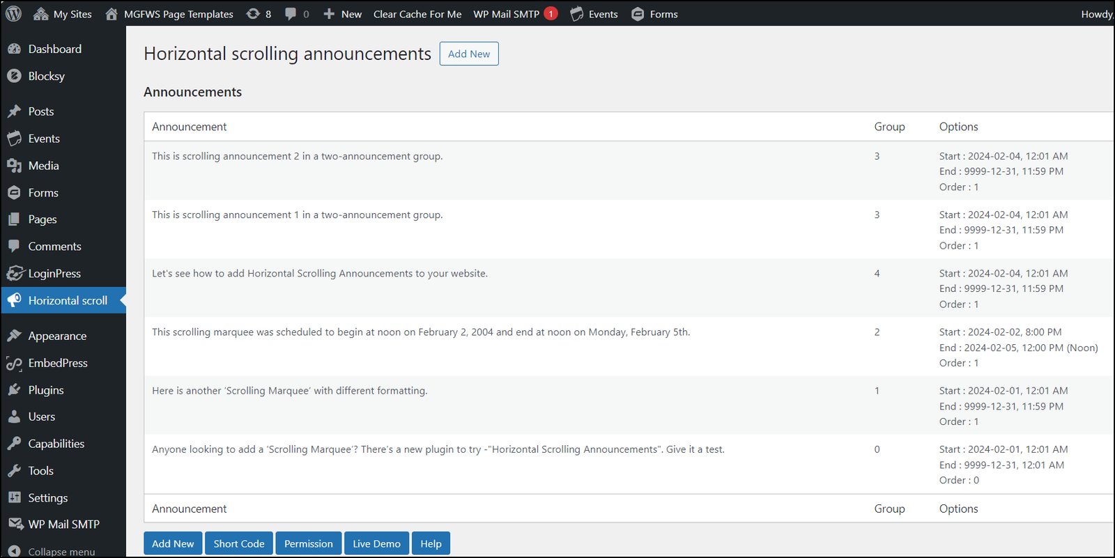 horizontal scrolling announcements list view